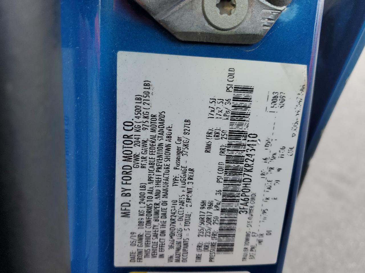 2019 Ford Fusion Se VIN: 3FA6P0HD7KR243410 Lot: 92848545