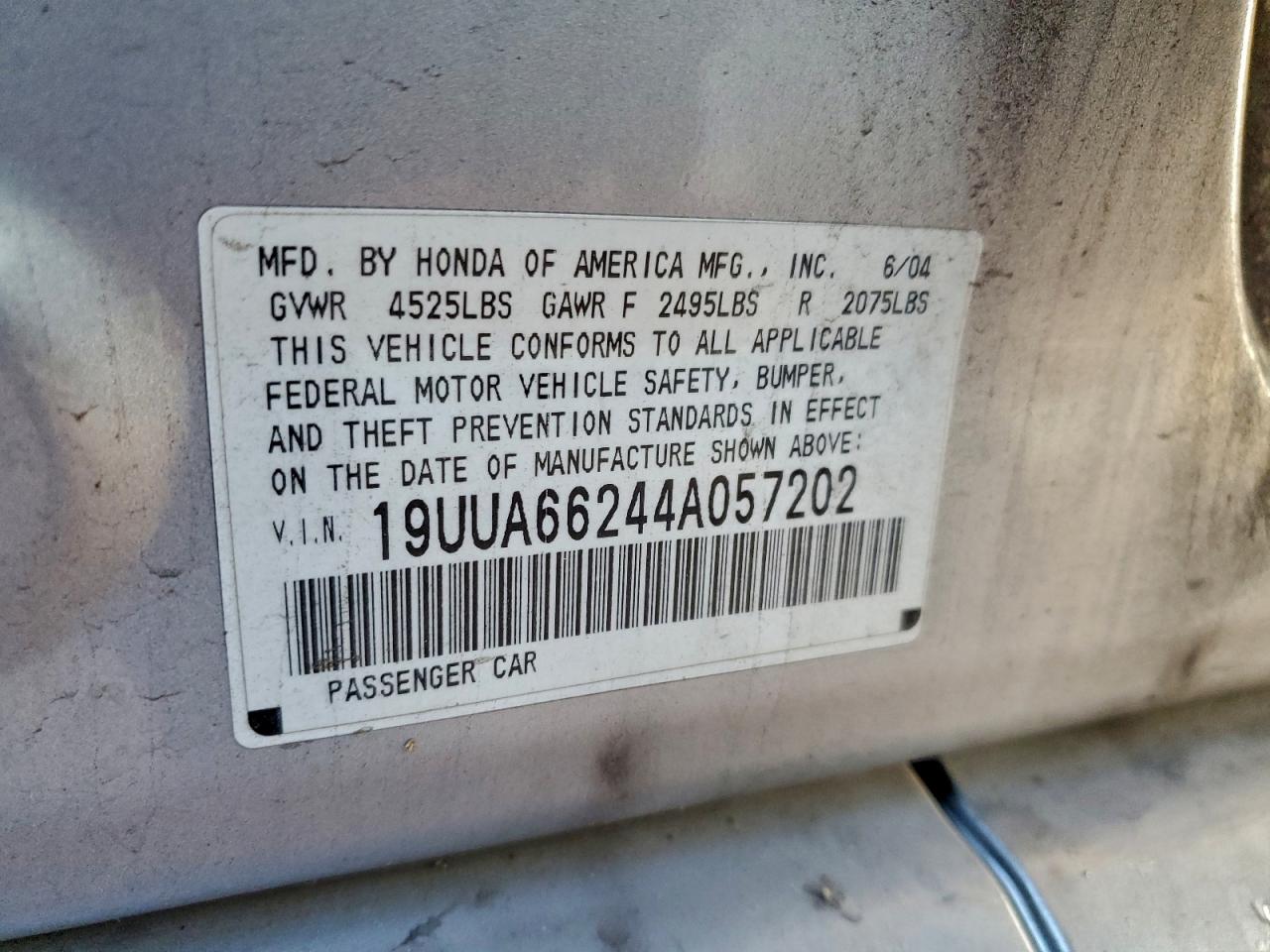 2004 Acura Tl VIN: 19UUA66244A057202 Lot: 93443135