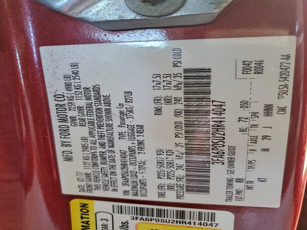 2017 Ford Fusion Titanium Phev VIN: 3FA6P0SU2HR414047 Lot: 93698225