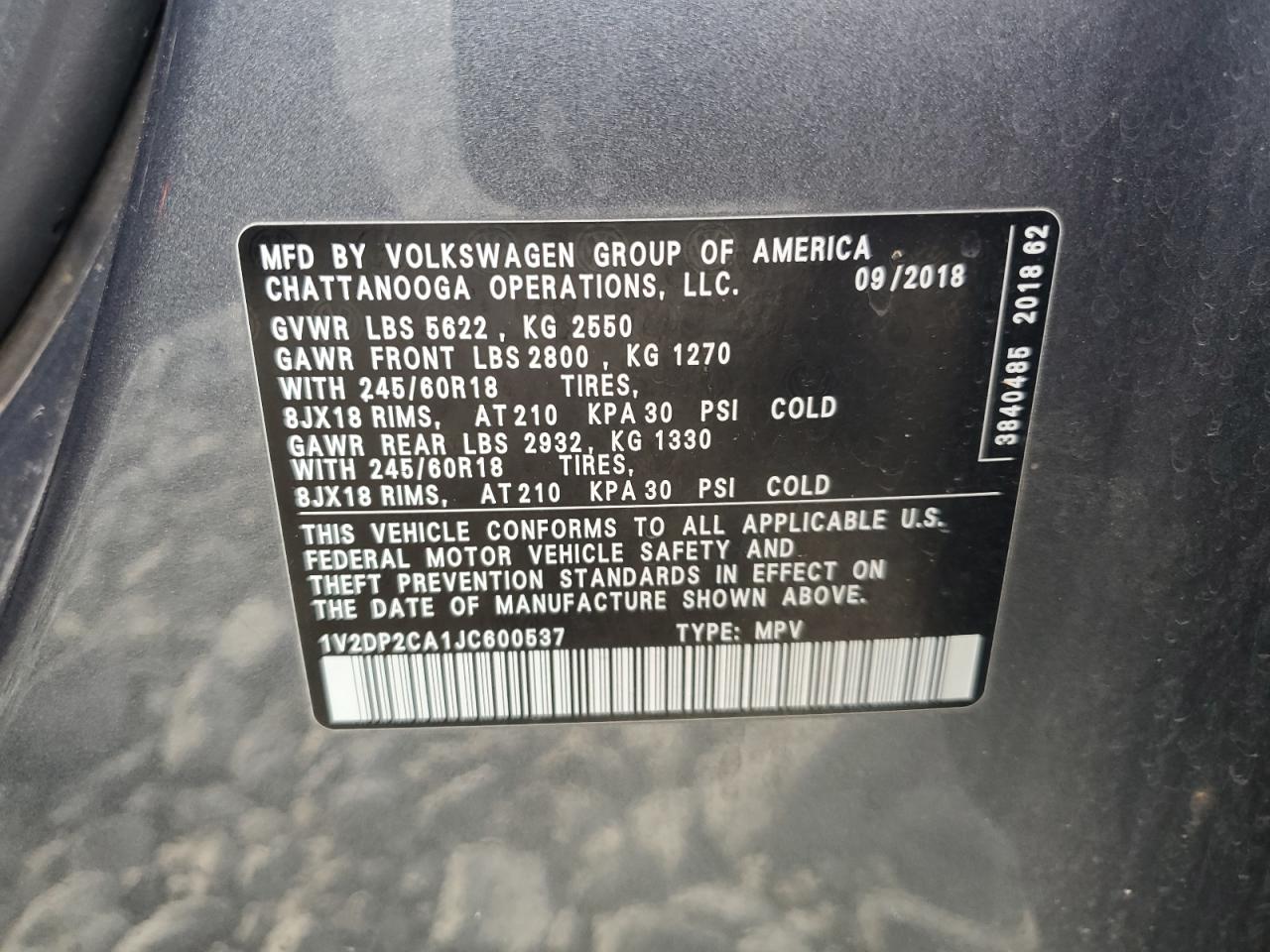 2018 Volkswagen Atlas Se VIN: 1V2DP2CA1JC600537 Lot: 93448915