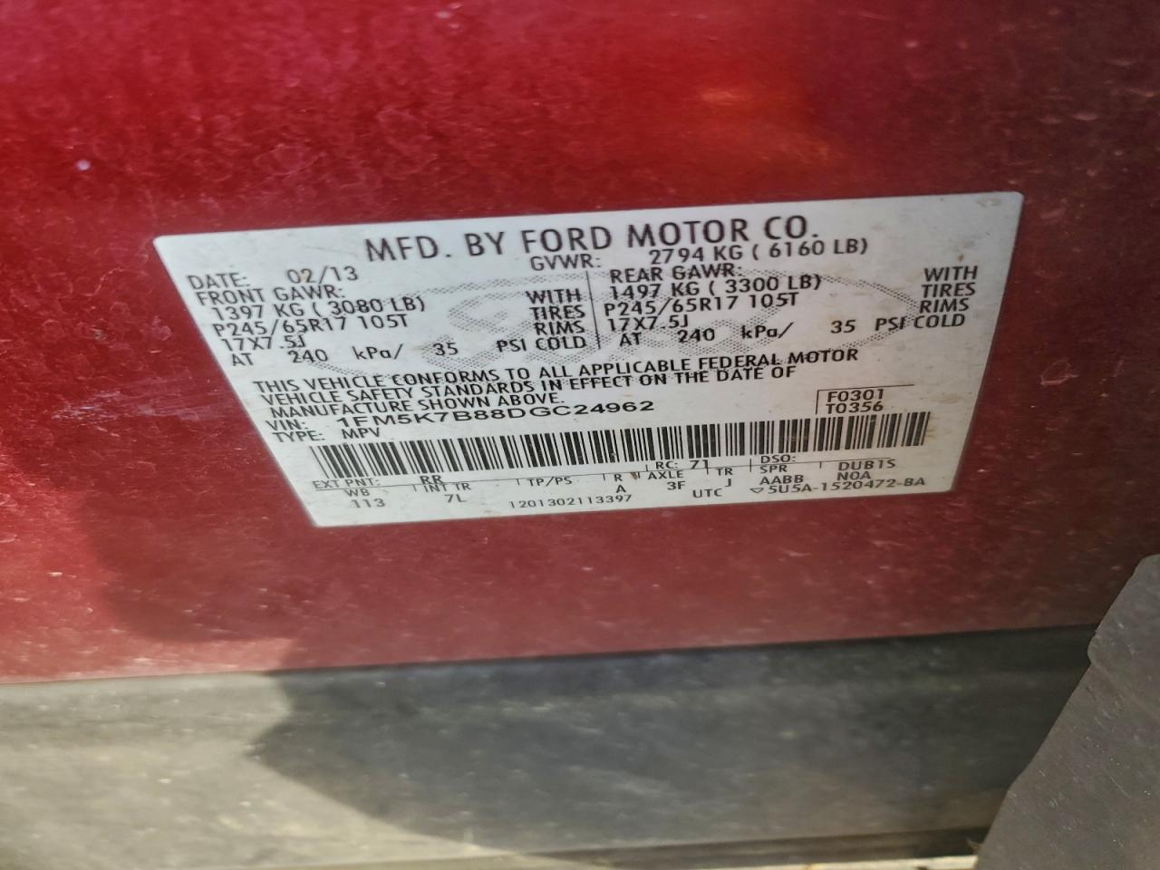 2013 Ford Explorer VIN: 1FM5K7B88DGC24962 Lot: 94066055