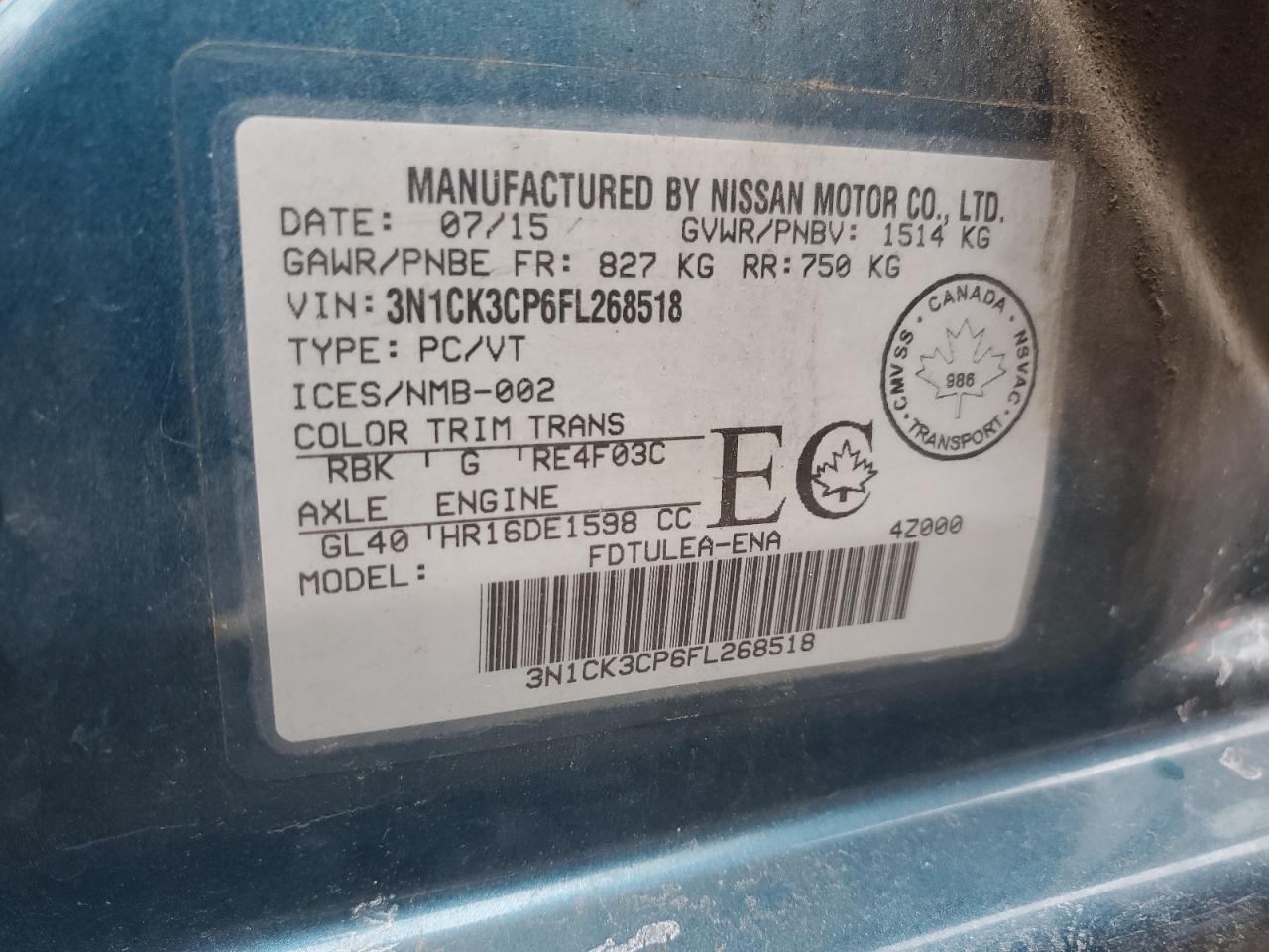 2015 Nissan Micra VIN: 3N1CK3CP6FL268518 Lot: 93388955