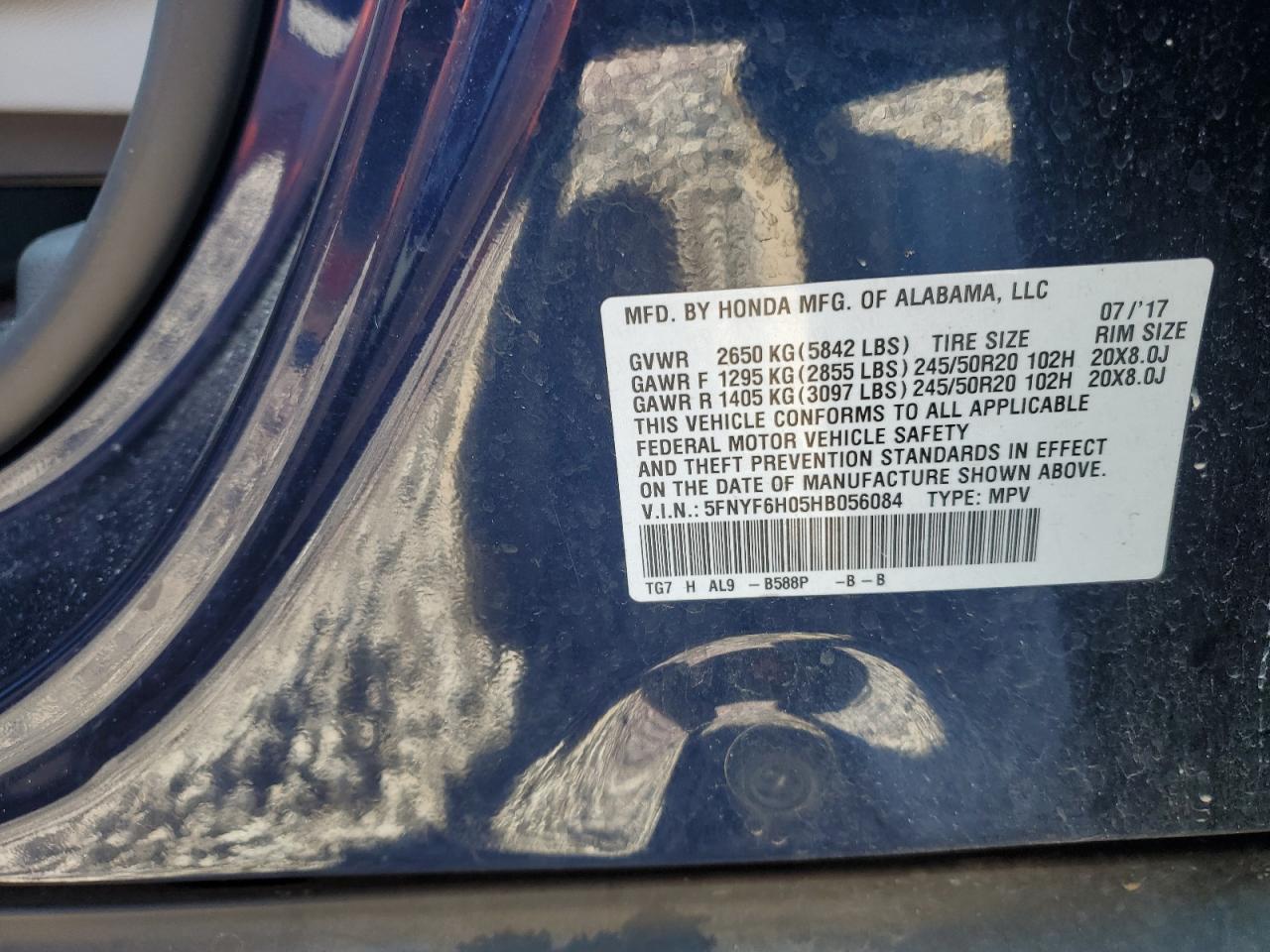 2017 Honda Pilot Elite VIN: 5FNYF6H05HB056084 Lot: 92676755