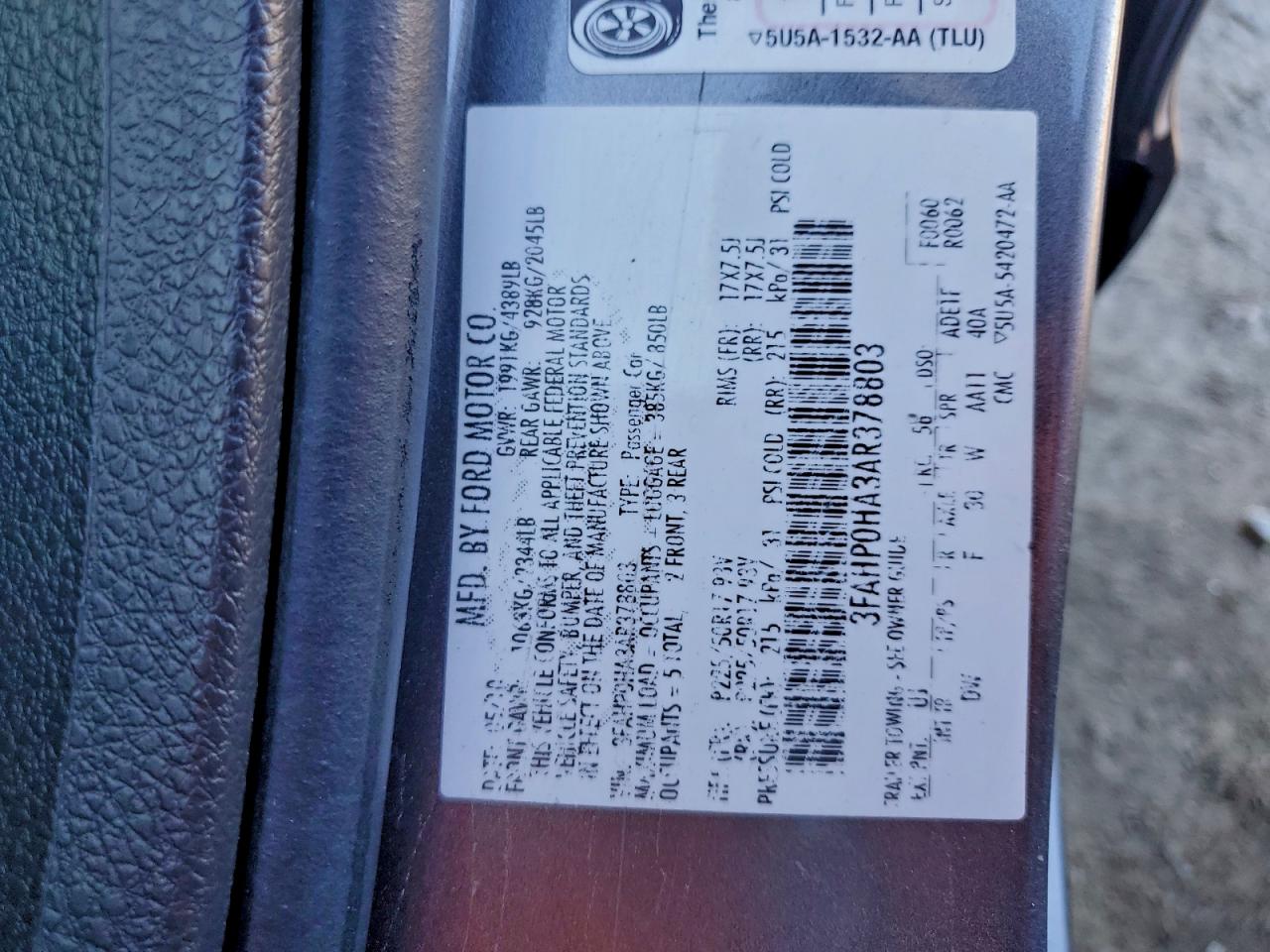 2010 Ford Fusion Se VIN: 3FAHP0HA3AR378803 Lot: 94172925