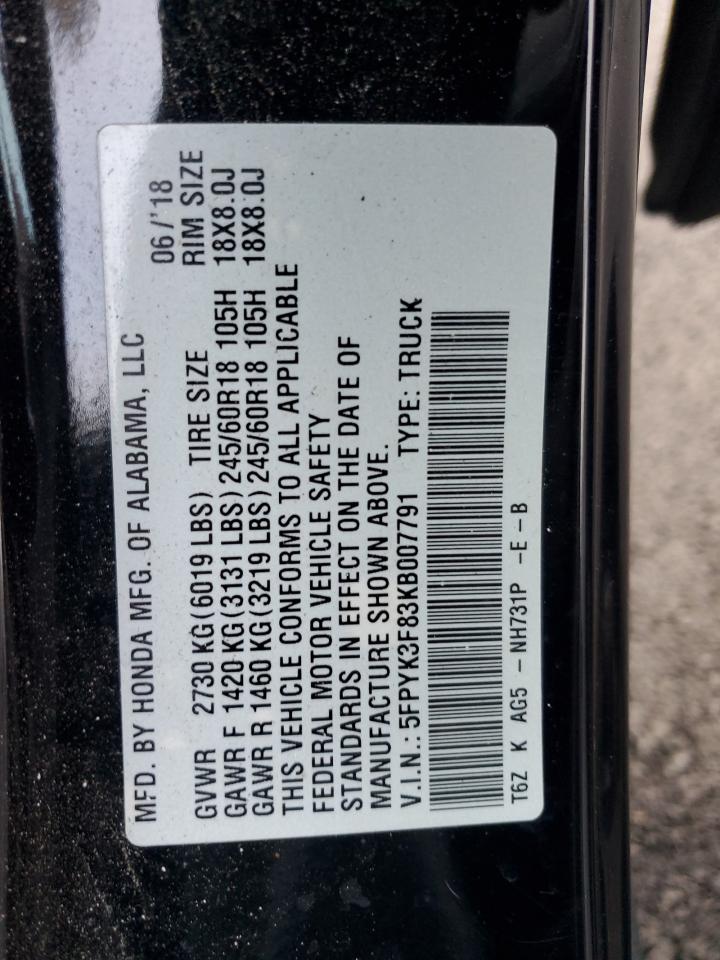 2019 Honda Ridgeline Black Edition VIN: 5FPYK3F83KB007791 Lot: 92948245