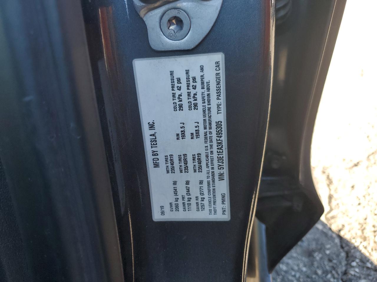 2019 Tesla Model 3 VIN: 5YJ3E1EA3KF495305 Lot: 91909715