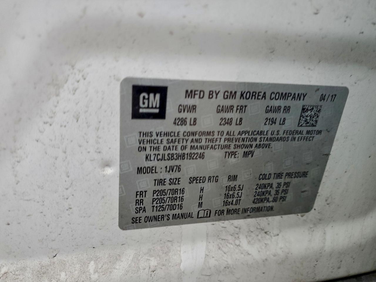 2017 Chevrolet Trax 1Lt VIN: KL7CJLSB3HB192246 Lot: 94106225