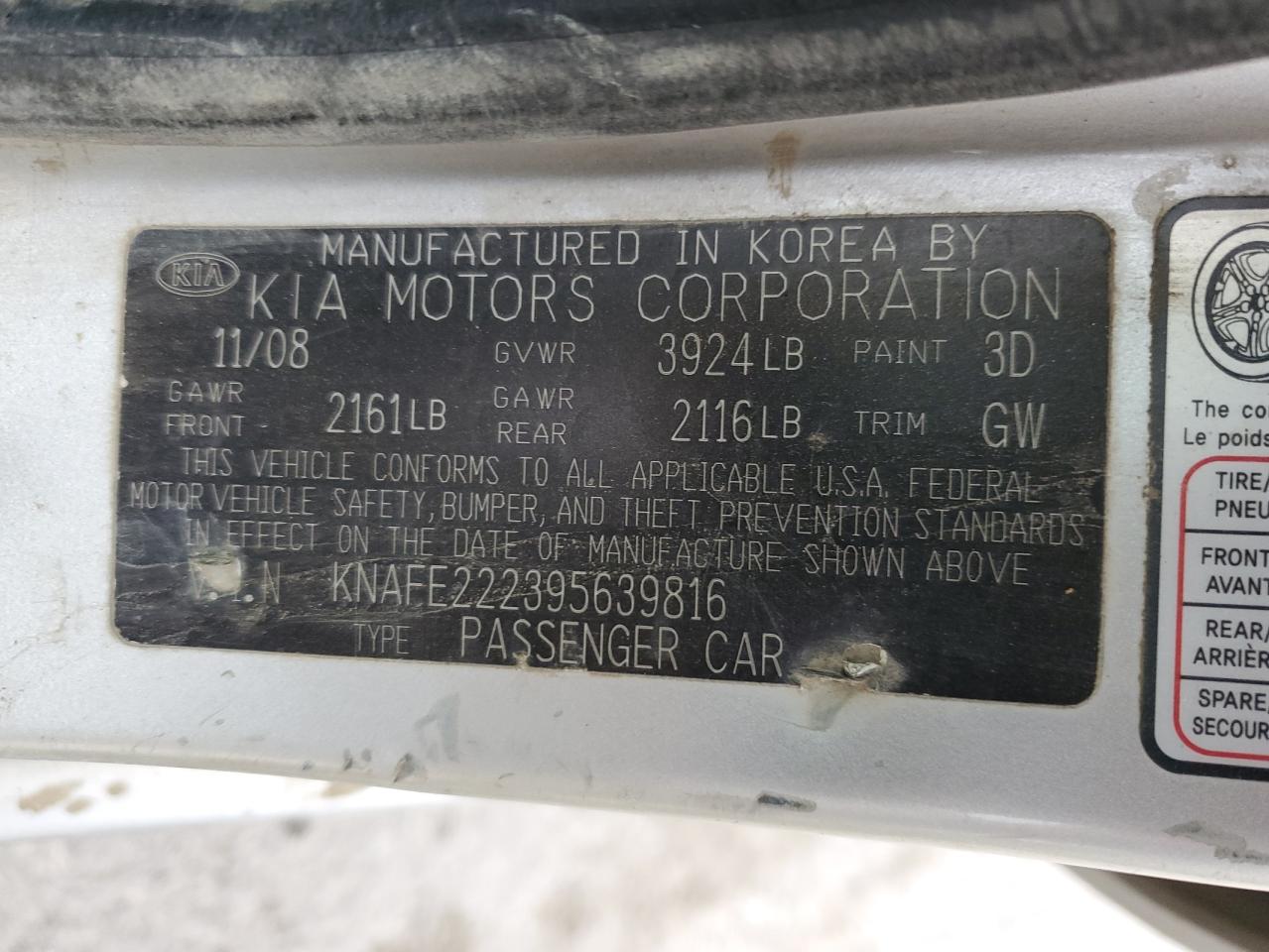 2009 Kia Spectra Ex VIN: KNAFE222395639816 Lot: 92746305