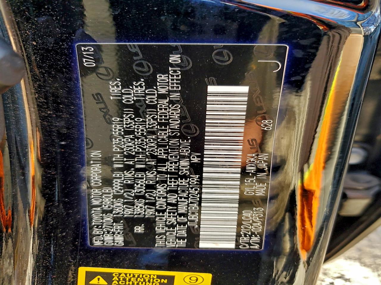 2013 Lexus Rx 450H VIN: JTJBC1BA7D2451994 Lot: 94090865