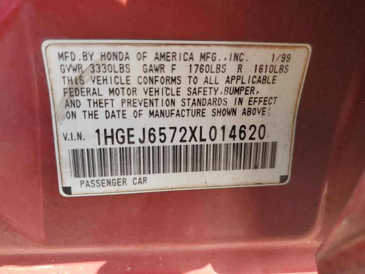 1999 Honda Civic Lx VIN: 1HGEJ6572XL014620 Lot: 92796085