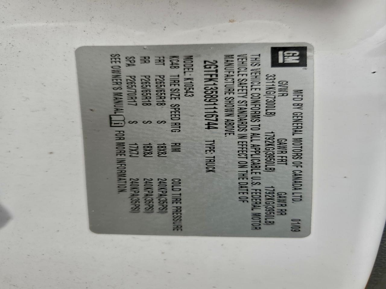 2009 GMC Sierra K1500 Hybrid VIN: 2GTFK135891116744 Lot: 94447845