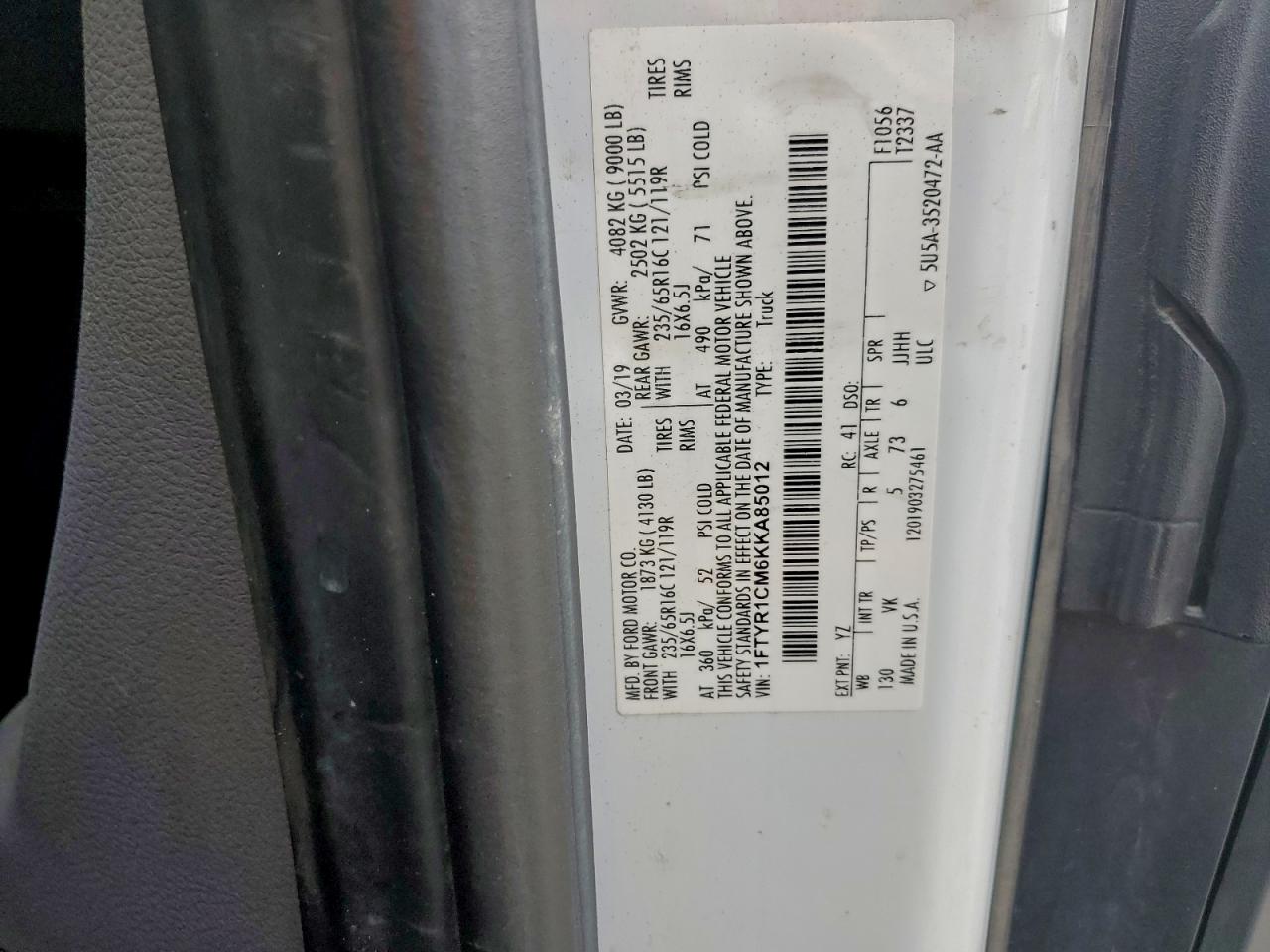 2019 Ford Transit T-250 VIN: 1FTYR1CM6KKA85012 Lot: 94307325