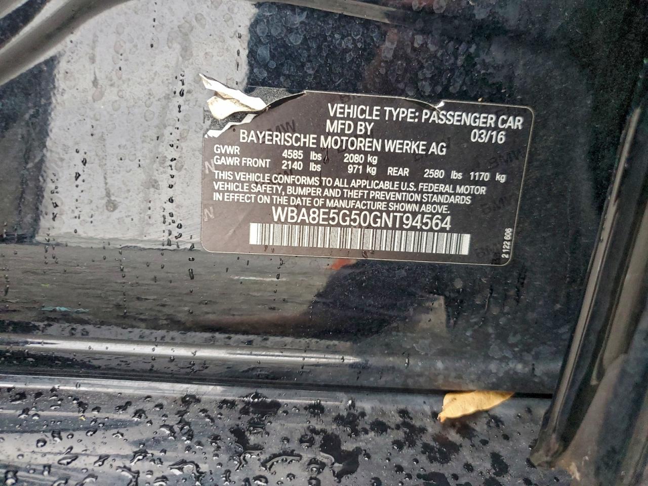 2016 BMW 320 Xi VIN: WBA8E5G50GNT94564 Lot: 94551385