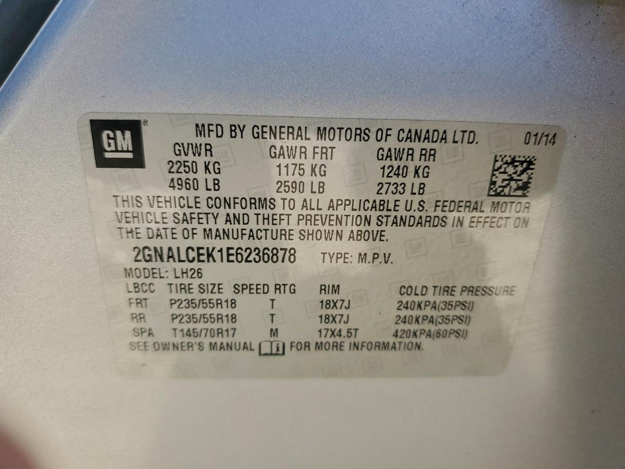 2014 Chevrolet Equinox Lt VIN: 2GNALCEK1E6236878 Lot: 94197545