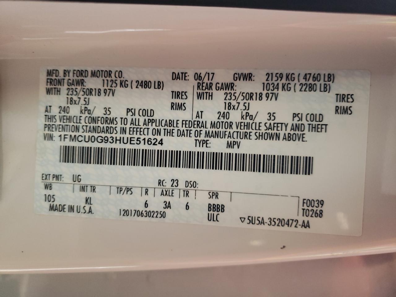 2017 Ford Escape Se VIN: 1FMCU0G93HUE51624 Lot: 93250765