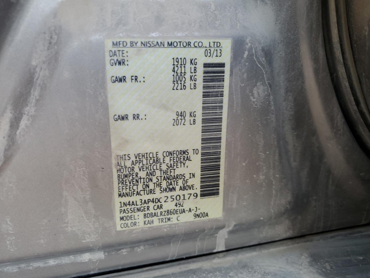 2013 Nissan Altima 2.5 VIN: 1N4AL3AP4DC250179 Lot: 93326375