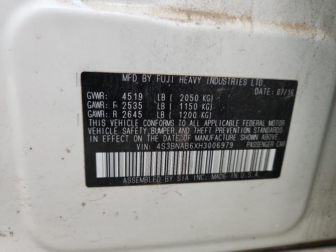 2017 Subaru Legacy 2.5I VIN: 4S3BNAB6XH3006979 Lot: 93202935