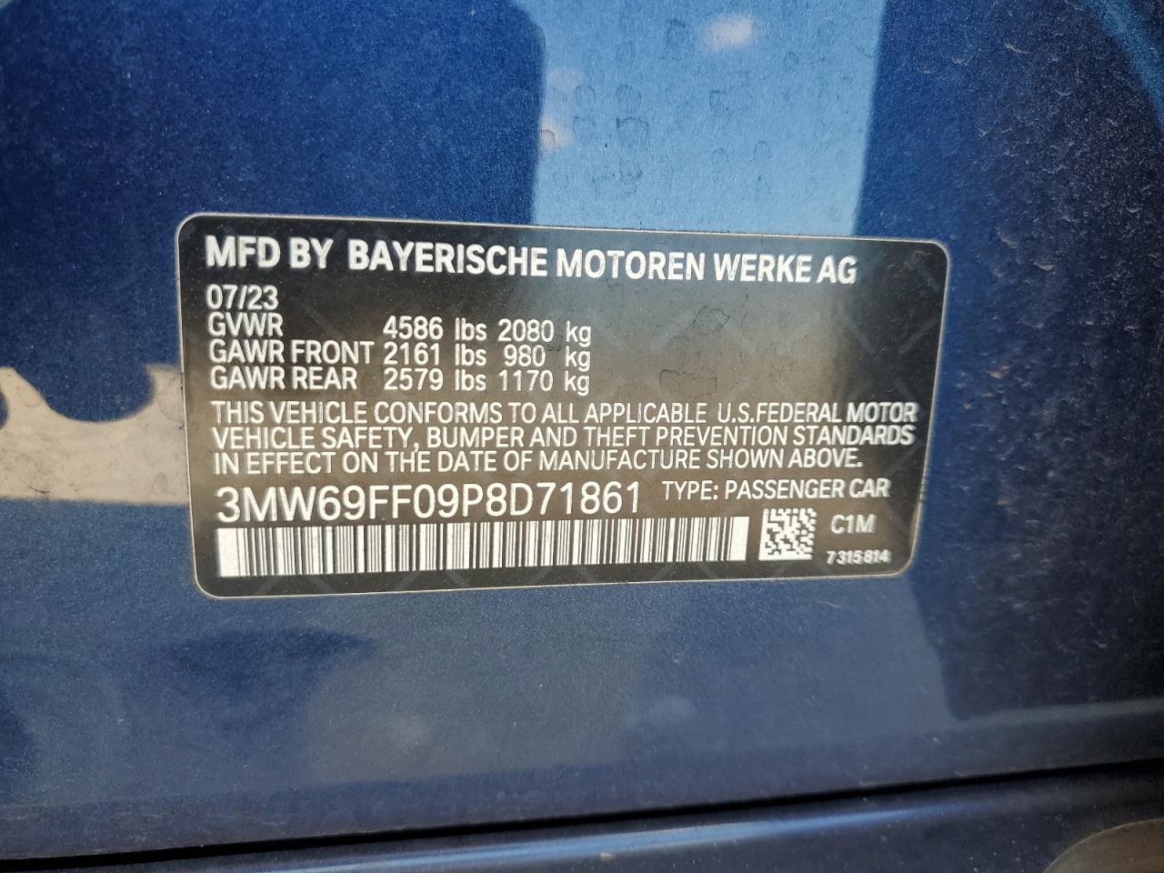 2023 BMW 330I VIN: 3MW69FF09P8D71861 Lot: 93385675