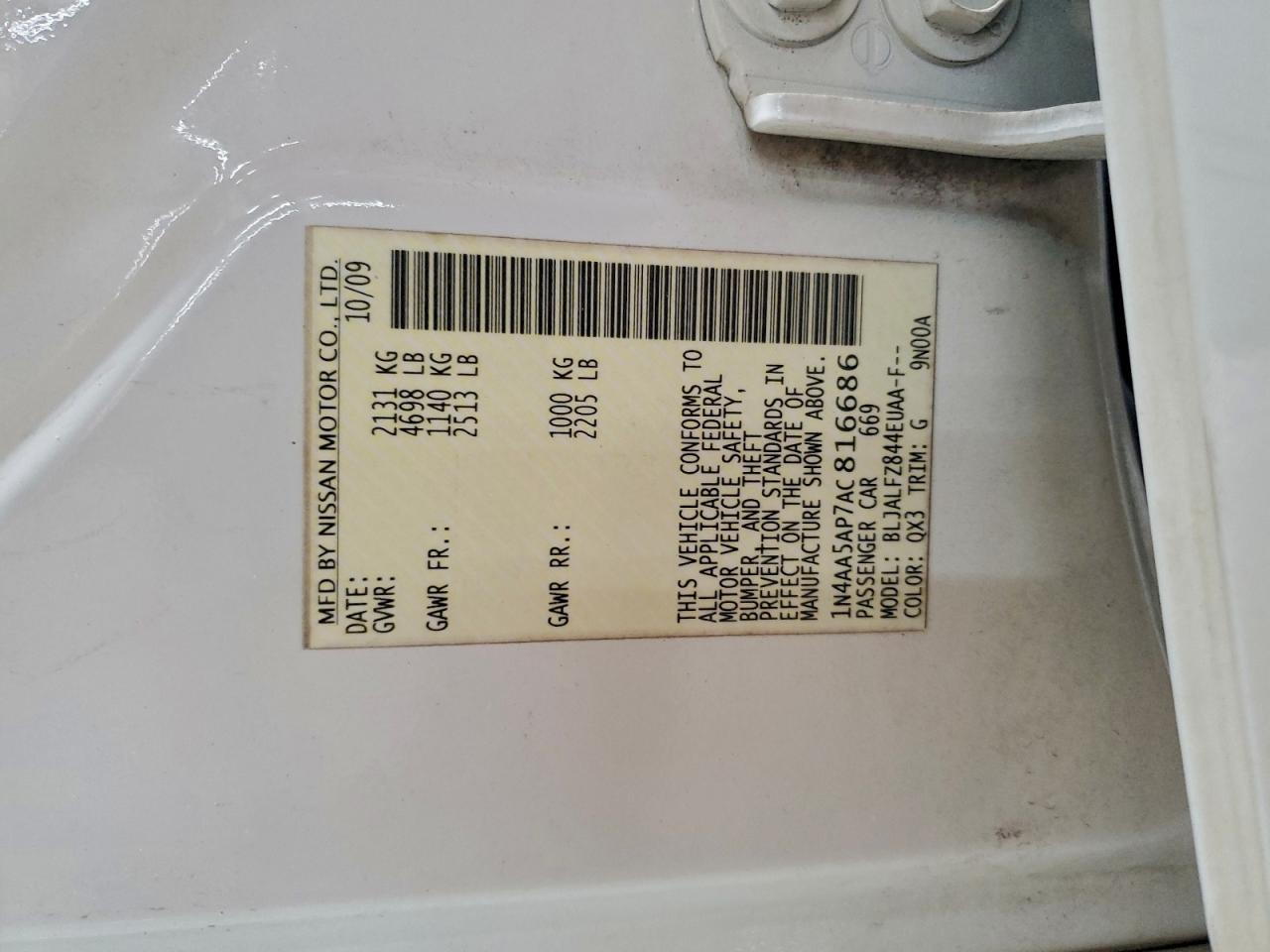 2010 Nissan Maxima S VIN: 1N4AA5AP7AC816686 Lot: 94227175