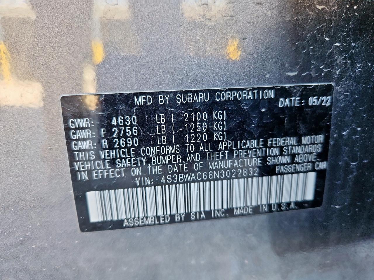 2022 Subaru Legacy Premium VIN: 4S3BWAC66N3022832 Lot: 92343785