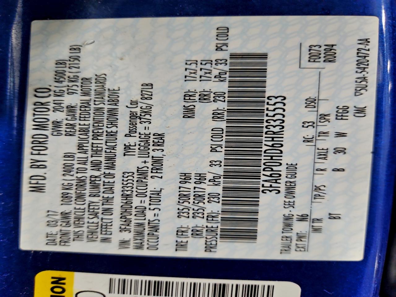 2017 Ford Fusion Se VIN: 3FA6P0HD6HR335553 Lot: 93764405