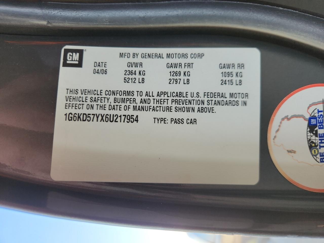 2006 Cadillac Dts VIN: 1G6KD57YX6U217954 Lot: 92474475