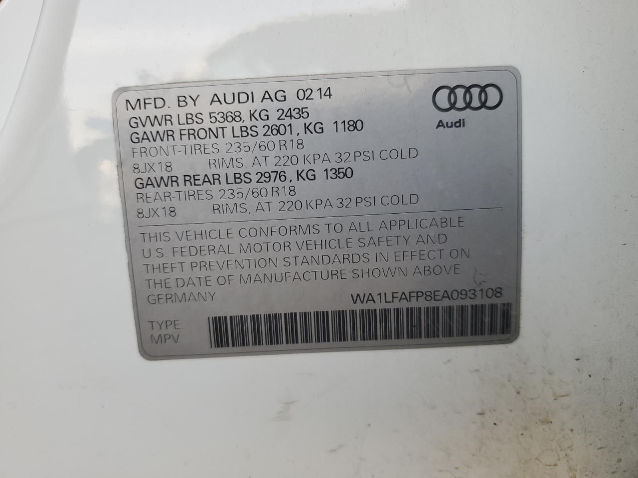 2014 Audi Q5 Premium Plus VIN: WA1LFAFP8EA093108 Lot: 91131075