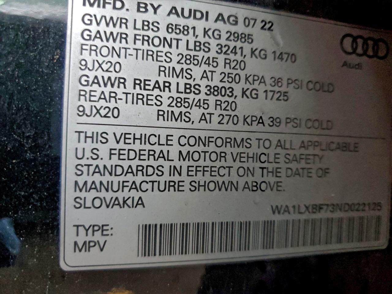 2022 Audi Q7 Premium Plus VIN: WA1LXBF73ND022125 Lot: 94242125