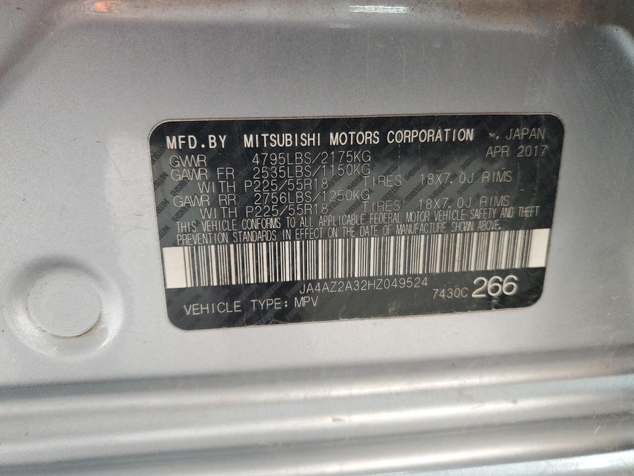 2017 Mitsubishi Outlander Es VIN: JA4AZ2A32HZ049524 Lot: 92839295