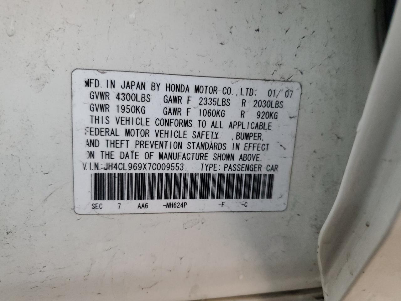 2007 Acura Tsx VIN: JH4CL969X7C009553 Lot: 92281365