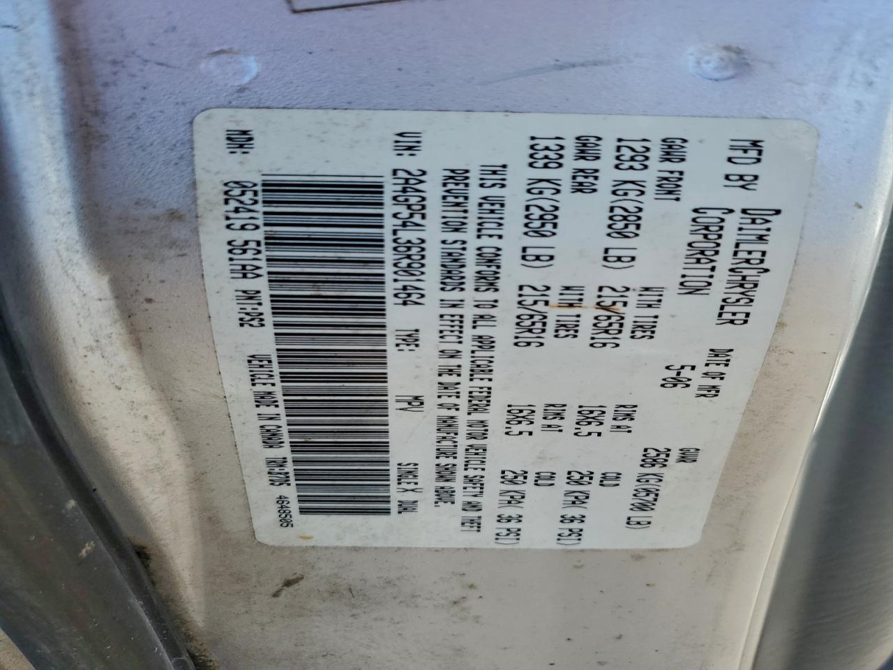 2006 Chrysler Town & Country Touring VIN: 2A4GP54L36R901464 Lot: 94322535