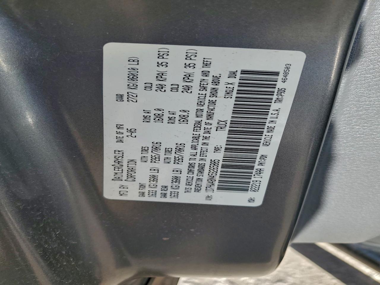 2005 Dodge Dakota Quad Slt VIN: 1D7HW48N45S265885 Lot: 93633915