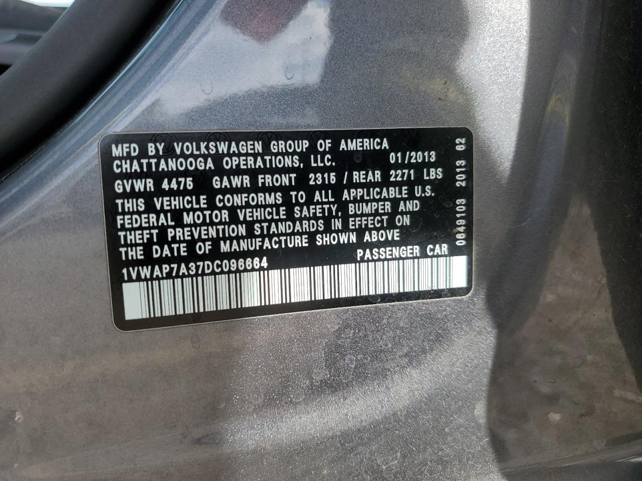 2013 Volkswagen Passat S VIN: 1VWAP7A37DC096664 Lot: 92659165