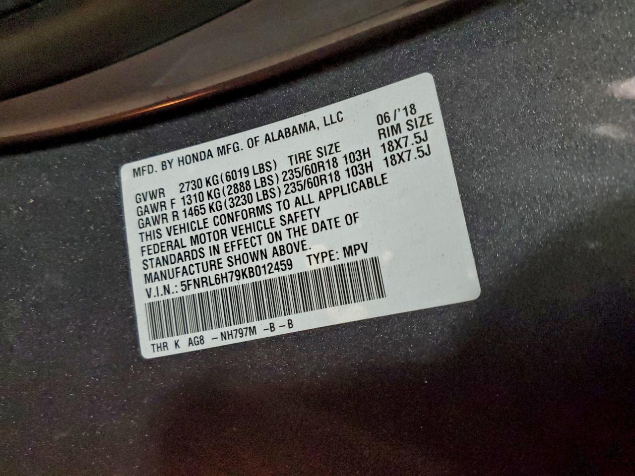 2019 Honda Odyssey Exl VIN: 5FNRL6H79KB012459 Lot: 93288195