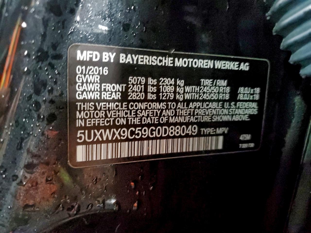 2016 BMW X3 xDrive28I VIN: 5UXWX9C59G0D88049 Lot: 93271575