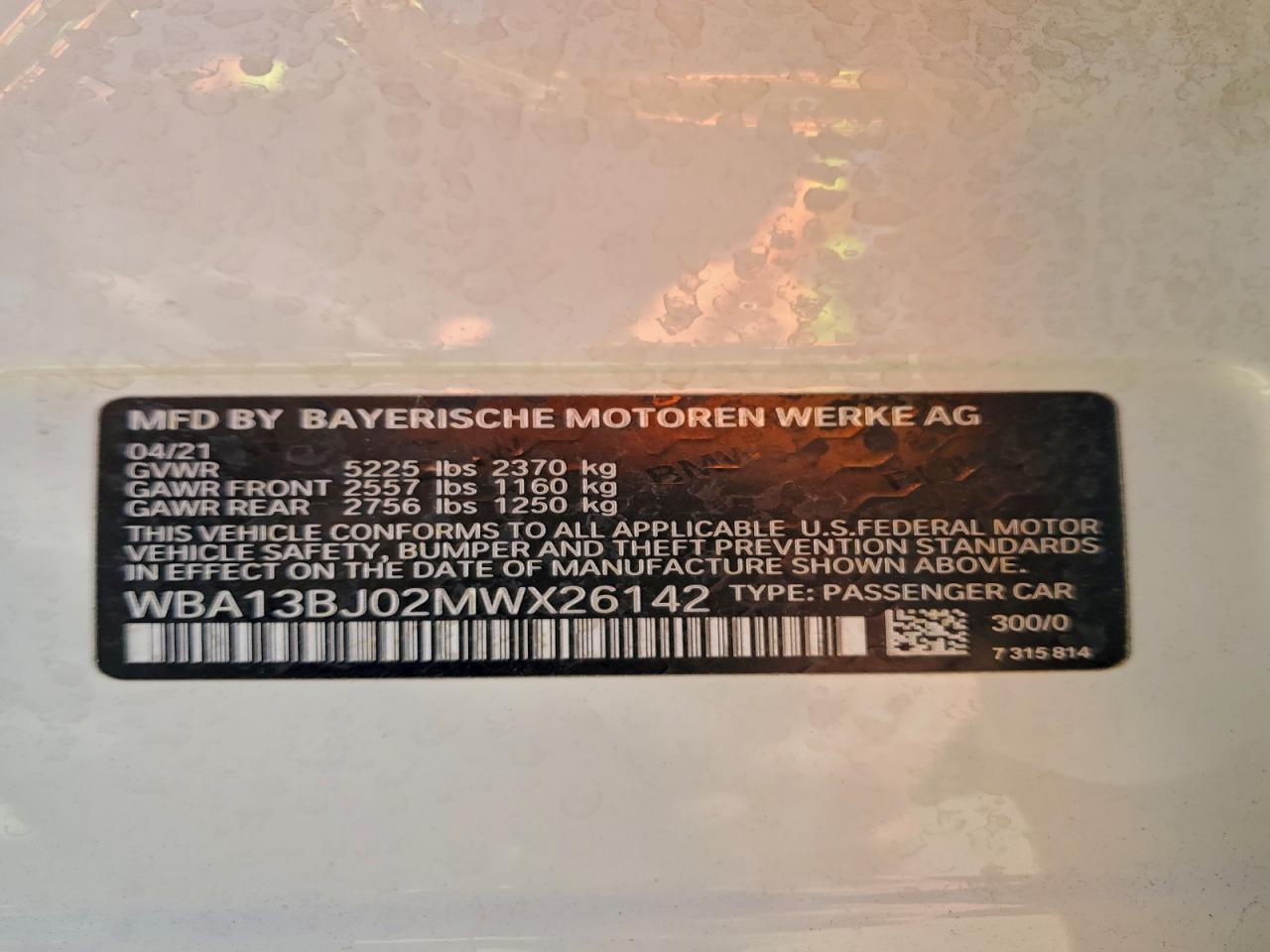 2021 BMW 530 Xi VIN: WBA13BJ02MWX26142 Lot: 90859735