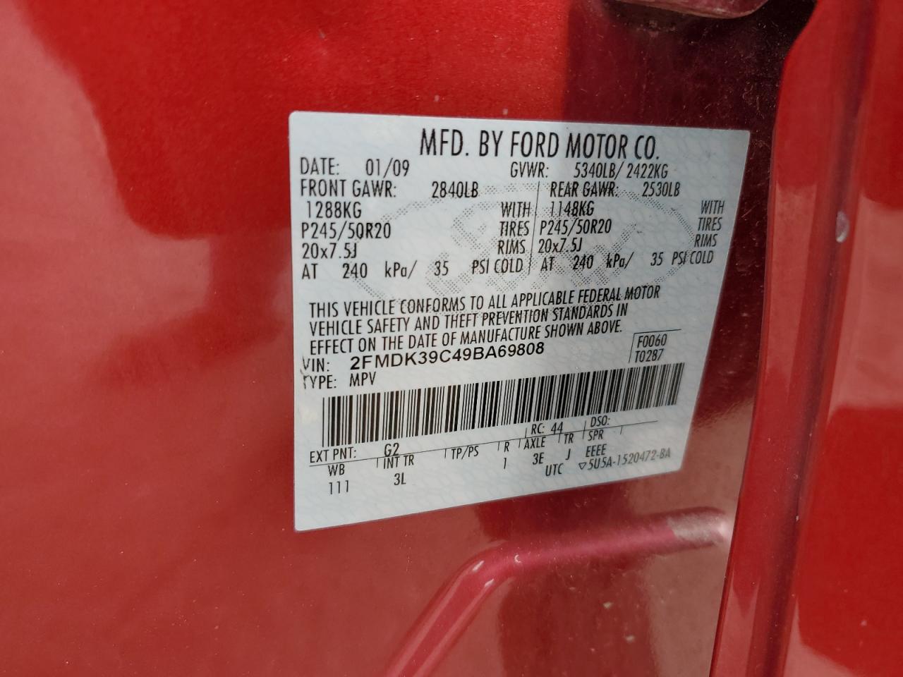 2009 Ford Edge Limited VIN: 2FMDK39C49BA69808 Lot: 92265075