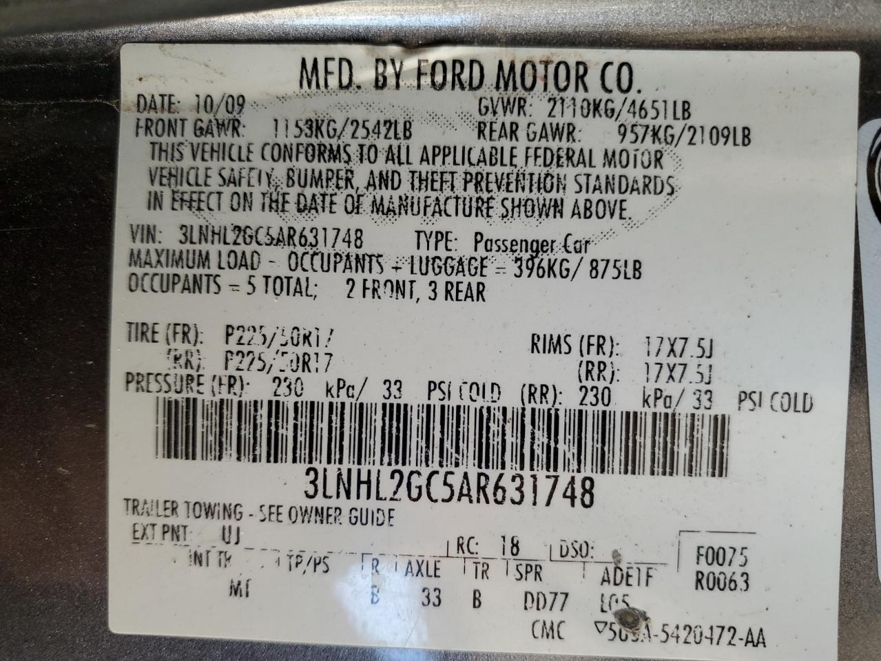 2010 Lincoln Mkz VIN: 3LNHL2GC5AR631748 Lot: 92497855