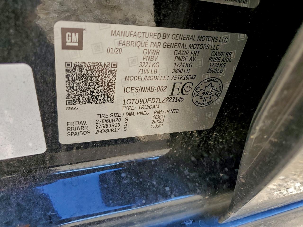 2020 GMC Sierra K1500 Slt VIN: 1GTU9DED7LZ223145 Lot: 91716655