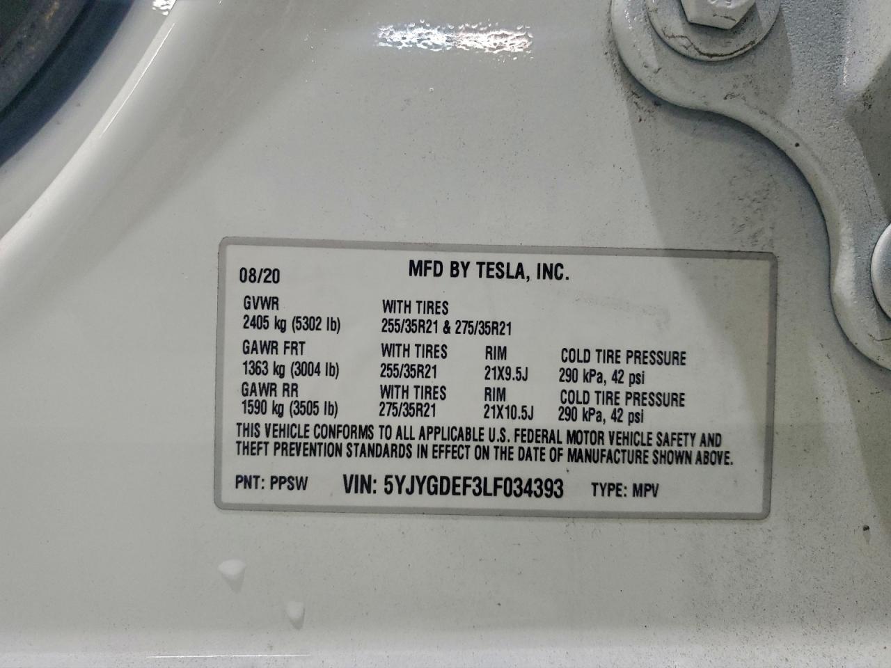 2020 Tesla Model Y VIN: 5YJYGDEF3LF034393 Lot: 94296445