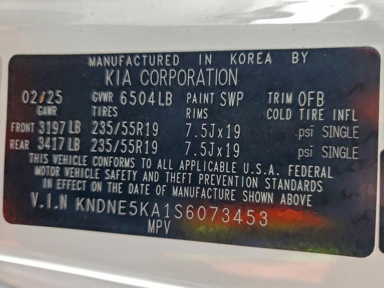 2025 Kia Carnival Sx VIN: KNDNE5KA1S6073453 Lot: 94535195