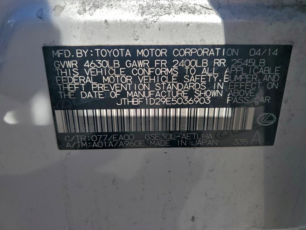 2014 Lexus Is 250 VIN: JTHBF1D29E5036903 Lot: 91351685