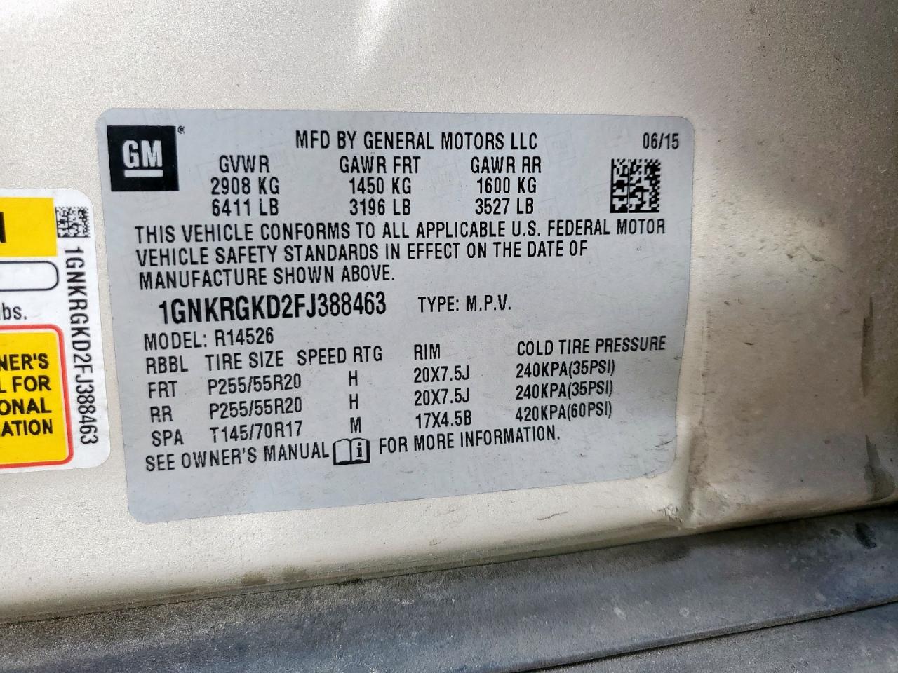 2015 Chevrolet Traverse Lt VIN: 1GNKRGKD2FJ388463 Lot: 93526665