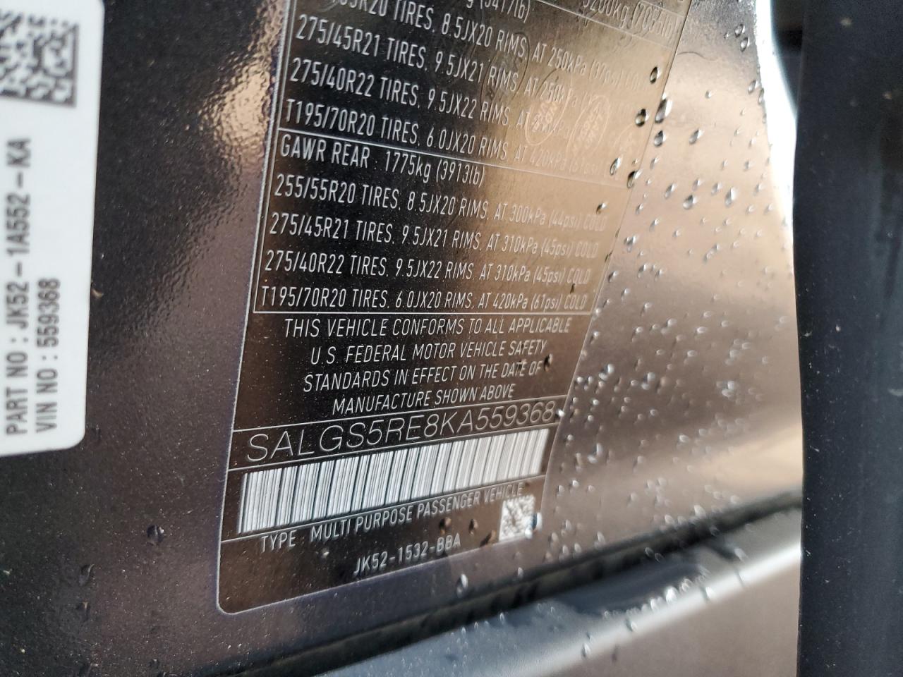 2019 Land Rover Range Rover Supercharged VIN: SALGS5RE8KA559368 Lot: 93011815