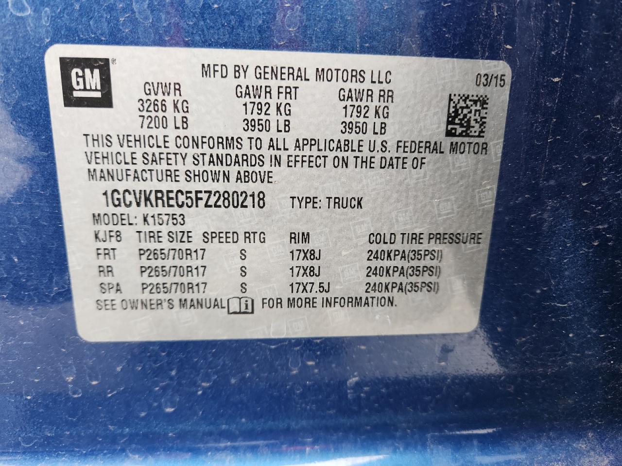 2015 Chevrolet Silverado K1500 Lt VIN: 1GCVKREC5FZ280218 Lot: 92693285