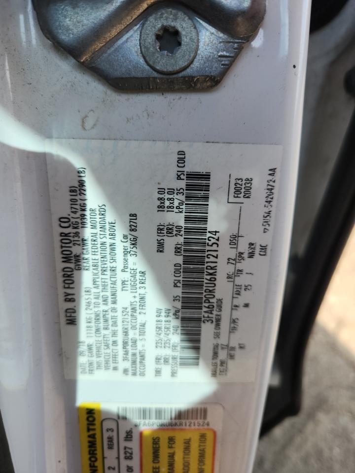 2019 Ford Fusion Titanium VIN: 3FA6P0RU6KR121524 Lot: 92661265