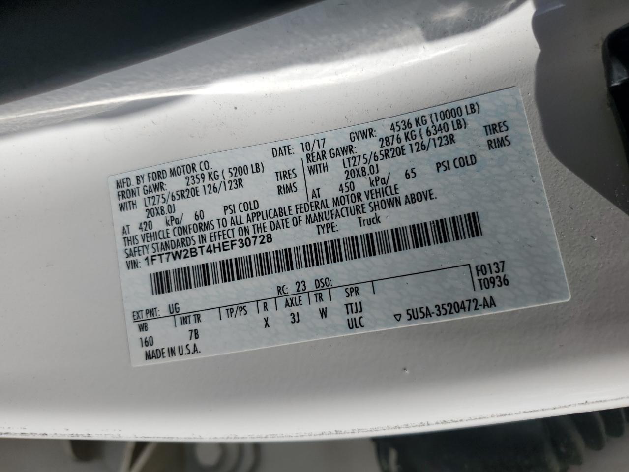 2017 Ford F250 Super Duty VIN: 1FT7W2BT4HEF30728 Lot: 92001945