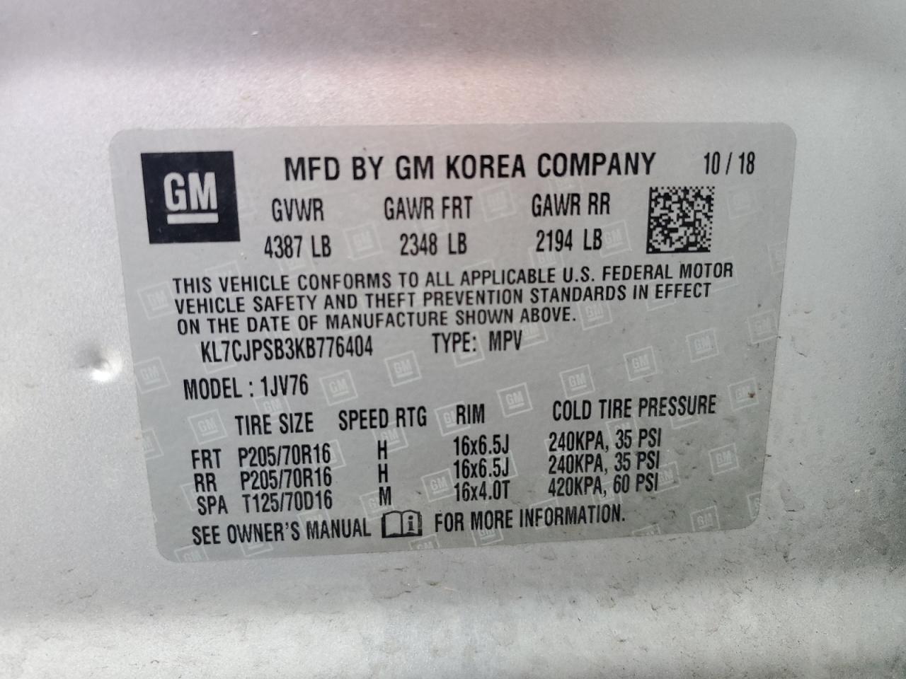 2019 Chevrolet Trax 1Lt VIN: KL7CJPSB3KB776404 Lot: 92730605