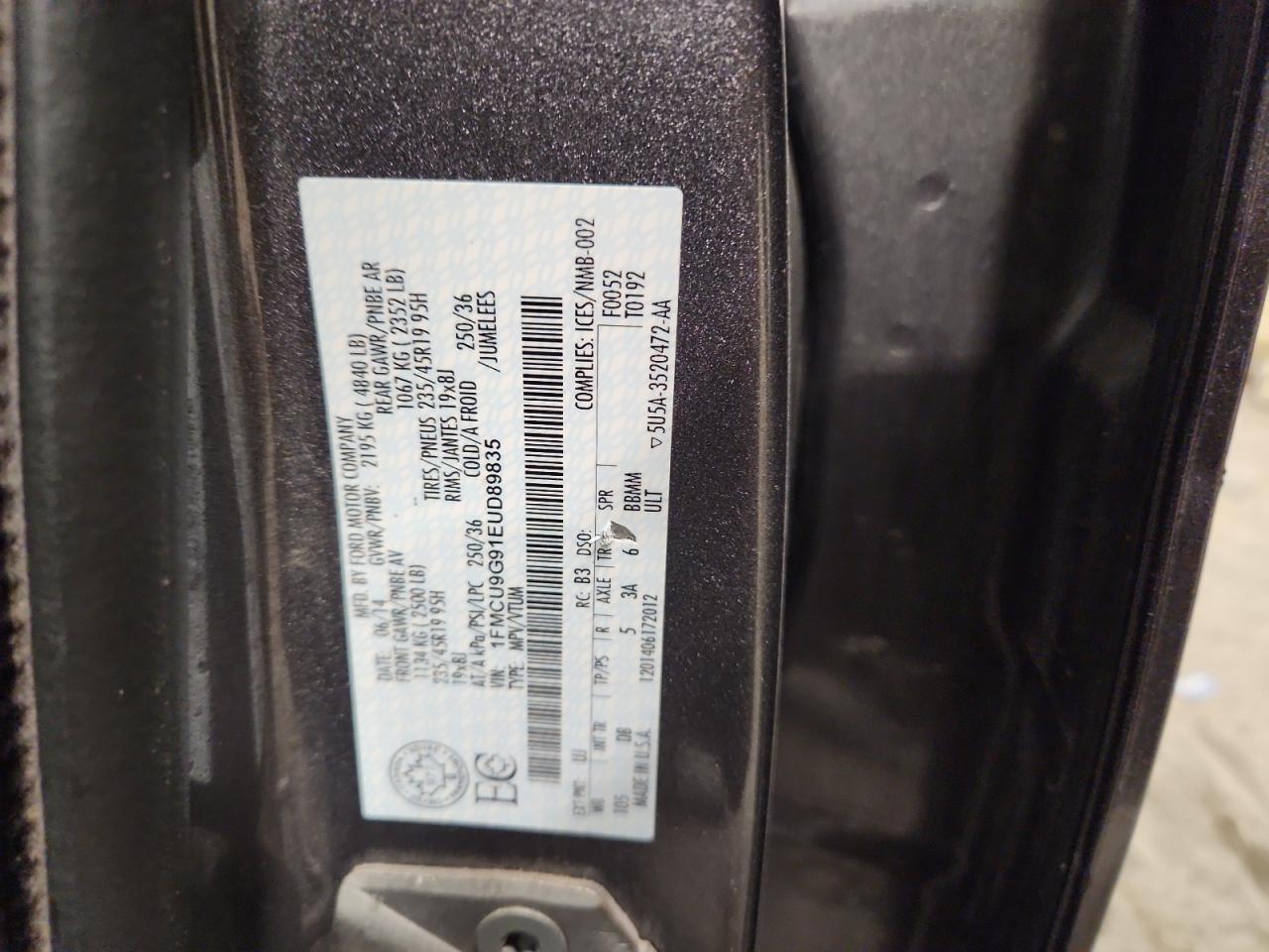 2014 Ford Escape Se VIN: 1FMCU9G91EUD89835 Lot: 92312305