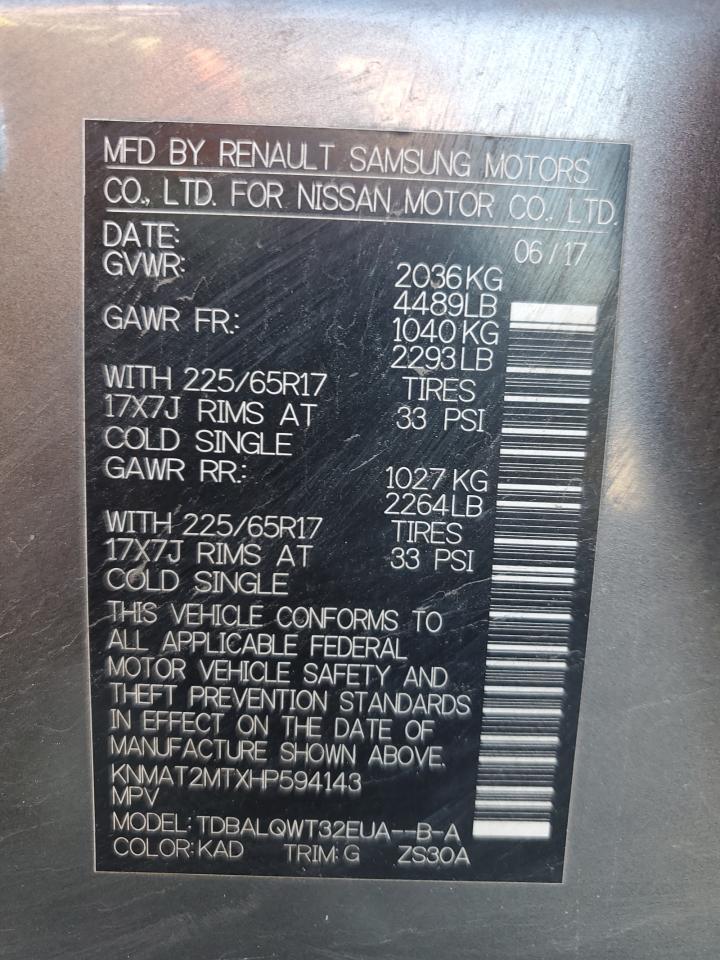 2017 Nissan Rogue S VIN: KNMAT2MTXHP594143 Lot: 91008335